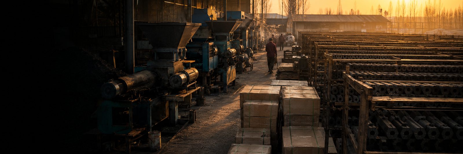 Packed charcoal cartons stacked in the factory loading area