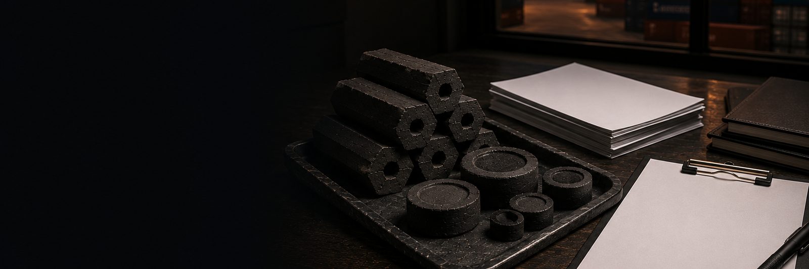 BBQ, shisha and quick-light charcoal samples lined up for inquiry discussion